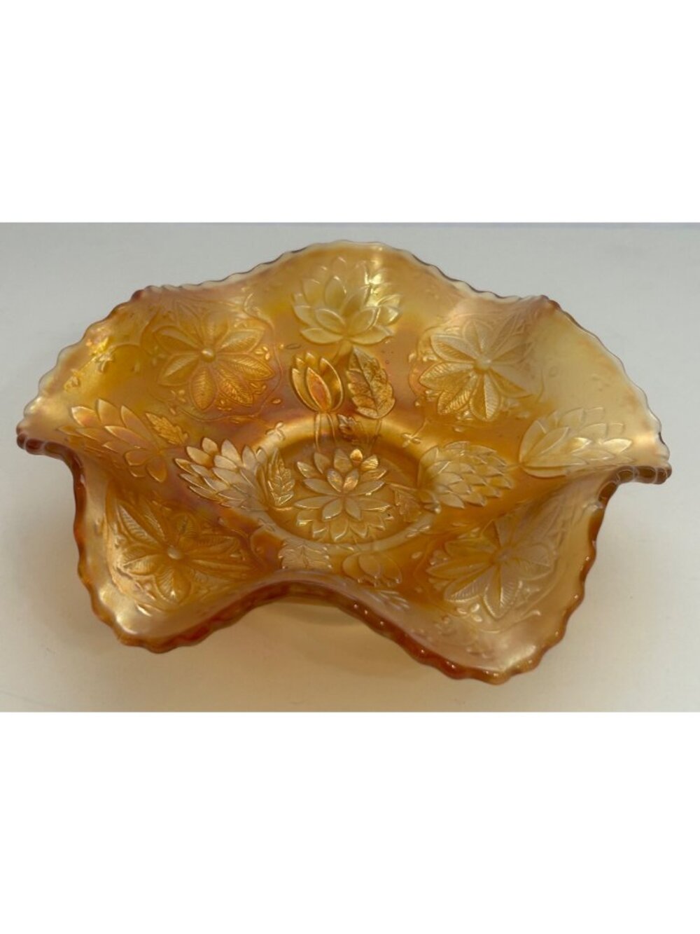 Fenton Carnival Glass Footed Dish Floral Marigold Iridescent Scalloped Edges - Picture 6 of 10
